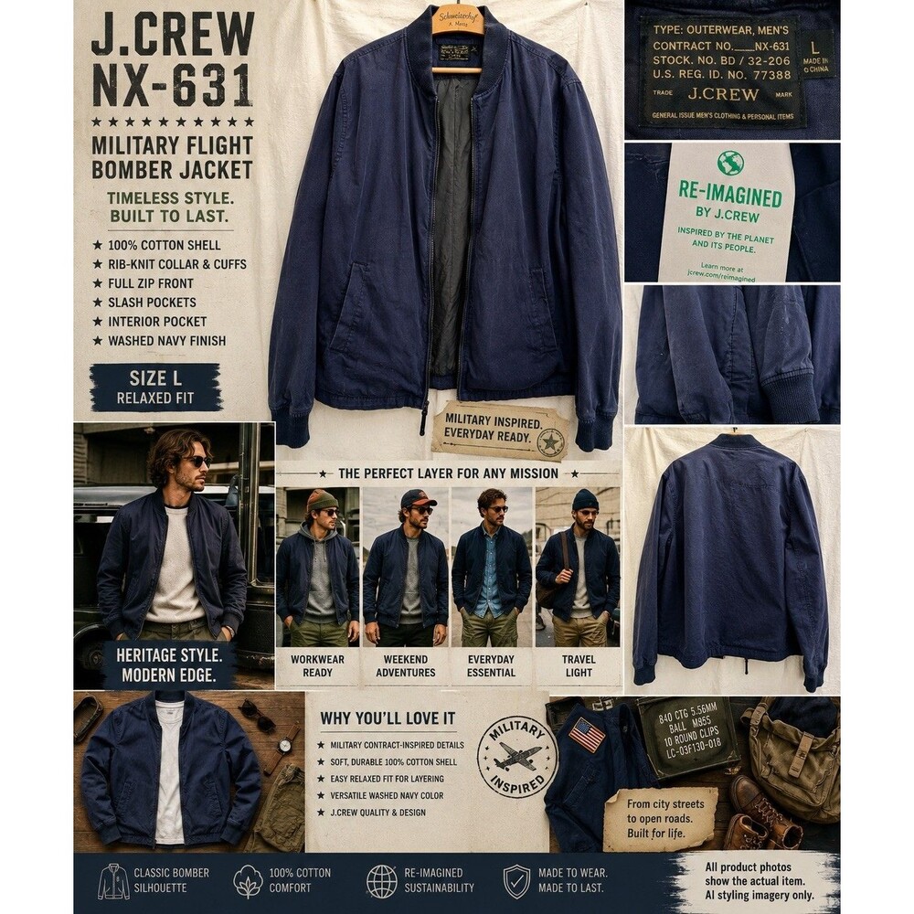 J.Crew NX-631 Military Flight Bomber Jacket L Navy Cotton Re-Imagined EUC Preppy